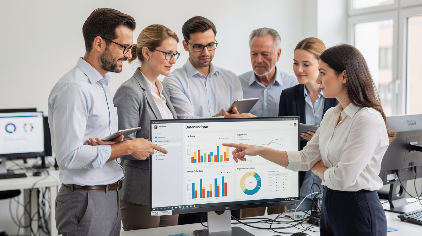 Team of researchers analyzing data charts on monitors in a modern office
